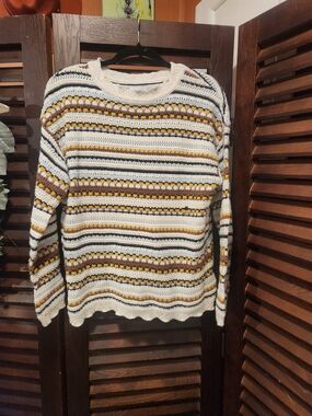 KEREN hart Cream Striped Crochet Crewneck Sweater with Mustard & Black Accents